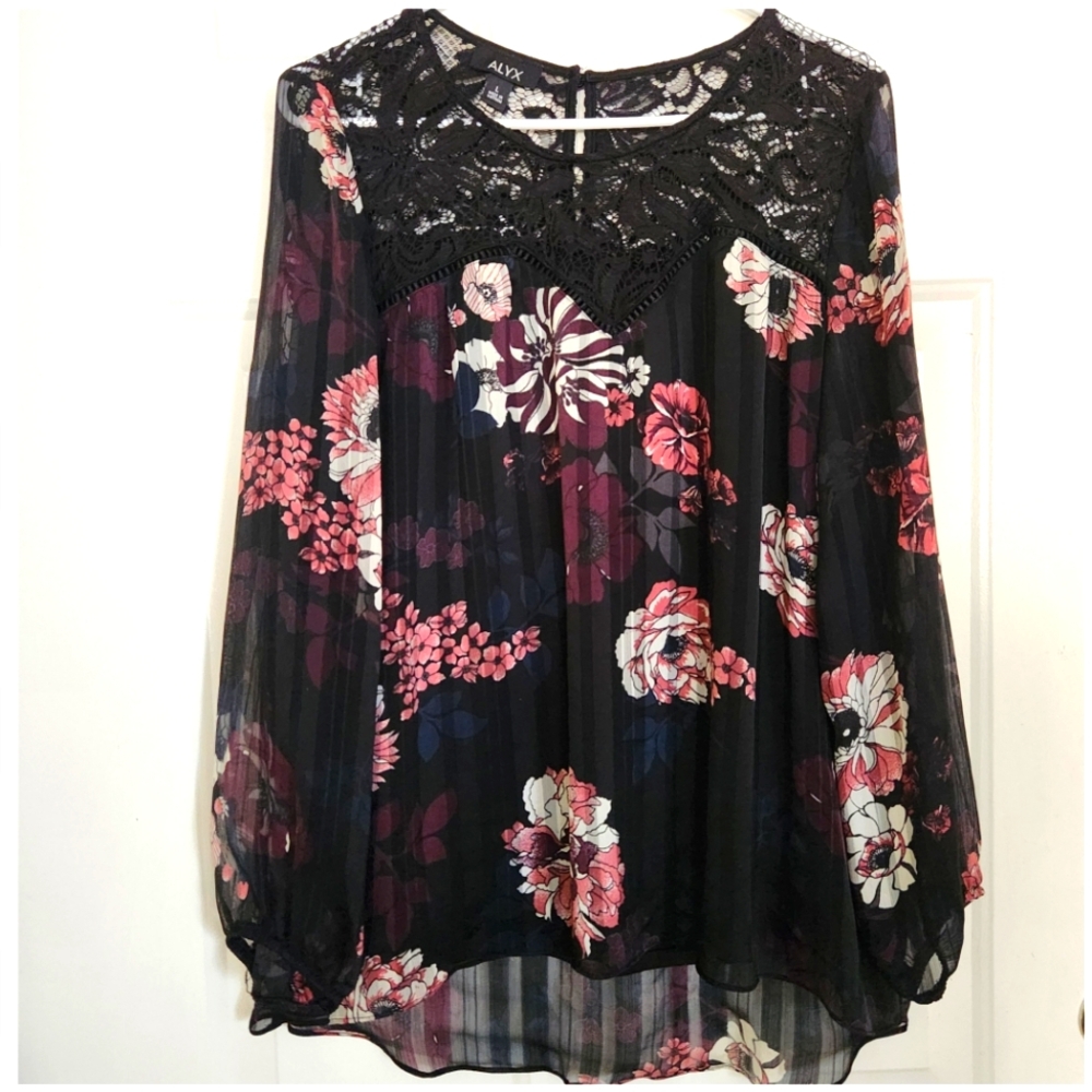Black & Pink Floral Lace Blouse  Sheer Hem Long Sleeve Size L Whimsy NWOT